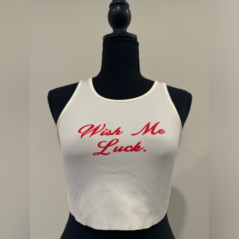 XS crop top white with red writings “wish me luck” sexy cute tank crop topwomen